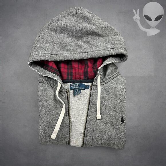 Polo Ralph Lauren Hoodie Size 2XL Grey Full Zip Plaid Lined Hood Jacket vintage - Picture 6 of 6